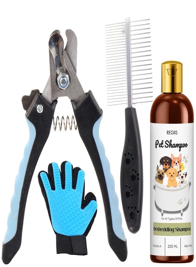 REGIIS Pet Grooming Kit with Deshedding Shampoo, Professional Dog Brush and Nail Clippers, Blue and Black, 200ml(PACK OF 4) - Image 1